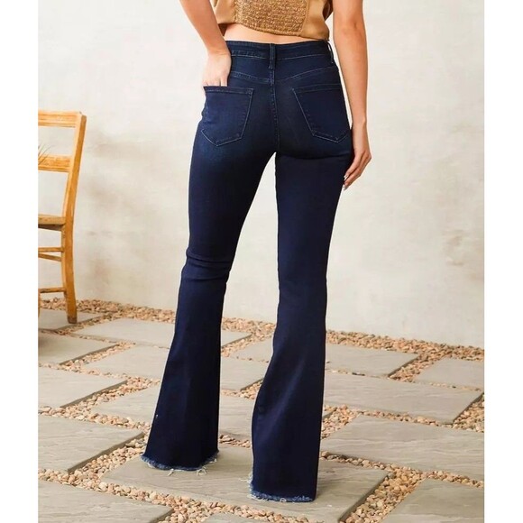 Flying Monkey High Rise Flare Jeans 26x34 Dark Blue Stretch Denim Raw Frayed Hem - Picture 3 of 8
